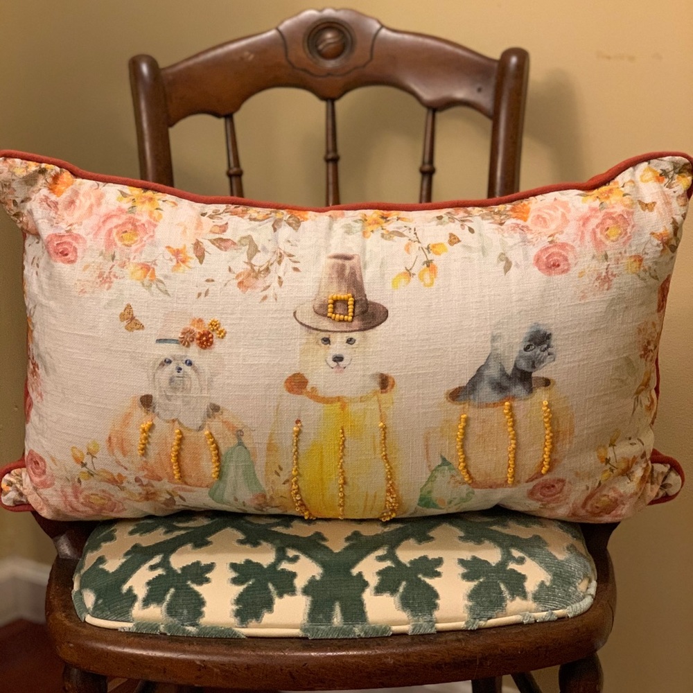 Thanksgiving Motif Dogs in Pumpkins Lumbar Pillow